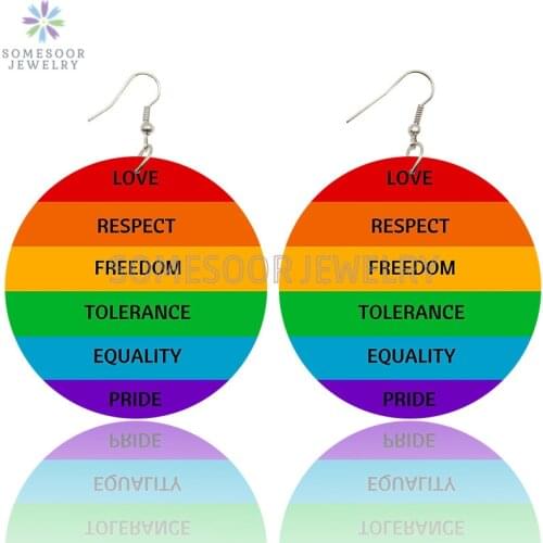 SOMESOOR Love Respect Freedom Rainbow Printed Wooden Drop Earrings Kindness Equality Pride Sayings Dangle Jewelry Women Gifts