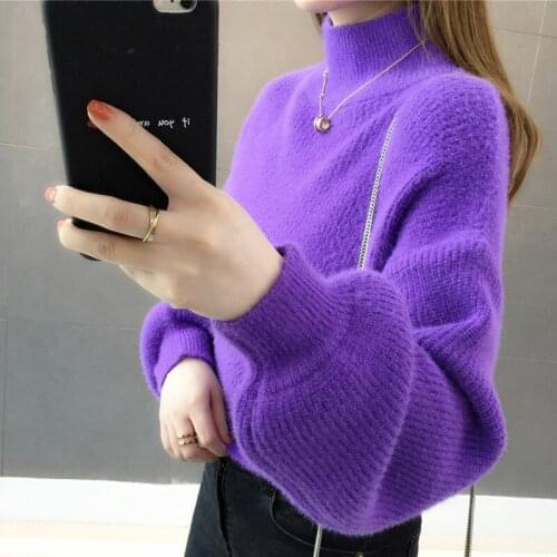 Thick Mohair Women Sweaters Turtleneck Soft Lantern Sleeve Short Pullovers Fashion Autumn Winter Sweater Solid Women Jumpers