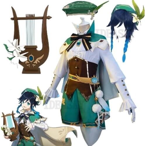 Venti Genshin Impact Cosplay Anime Genshin Impact Venti Cosplay Wig Women Halloween Costume Outfit Harp Prop
