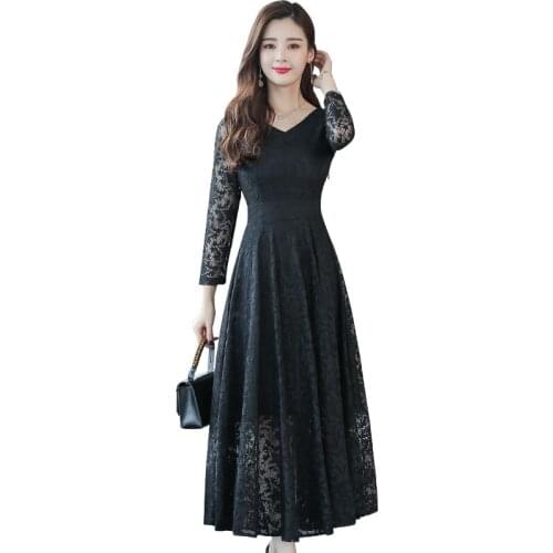 Spring and Autumn and winter new V-neck long-sleeved fashion temperament slim big swing plus velvet high waist lace dress