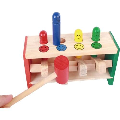 Kid Baby Toddler Fun Griping Wooden Toy Colorful Face Pegs Pounding Bench With Hammer Early Educational Pound Beating Play Toy