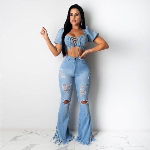 Women Denim Flared Trousers Female Clothes Ladies Hole Tassel High Waist Summer Clothing Retro Ripped Street Jeans Plus Size