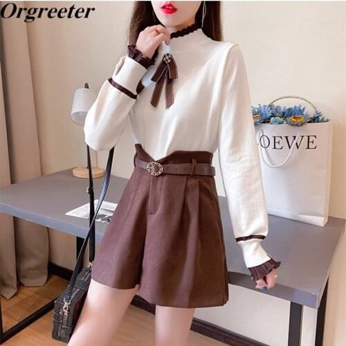 Thick Falbala Long Sleeve Knit Pullovers Tops Suits Women Autumn Bowknot Sweater + High waist Belted Wide leg Shorts 2 piece set