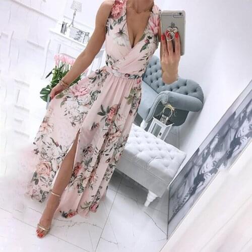 Summer Floral Sleeveless Maxi Sexy Slit Boho Beach White Tank Dresses Elegant V-Neck Print Party Dress For Women 2021 Vestidos