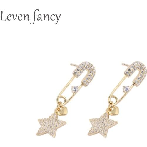 Gold Real 925 Sterling Silver Safety Pin Earrings for Women Girls Heart Micro Paved CZ Zircon Star Dangling Earrings 2019 New