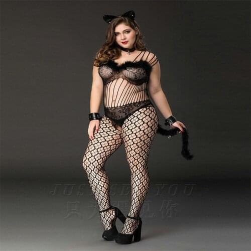 5 Piece/Set Womens Plus-Size Sexy Enchanting Cat Girl Costumes Set, Sexy Lace Mesh of Dance Cosplay Outfit