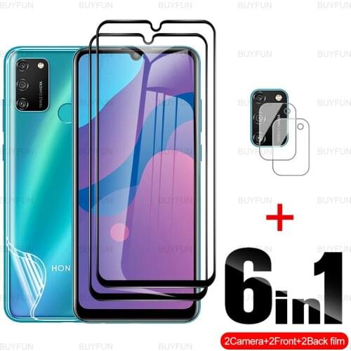 6in1 Black edge glass For Honor 9A 6.3 inch Back Hydrogel Soft Film and camera lens film for honor honer honr 9 9c 9s 9lite 9x