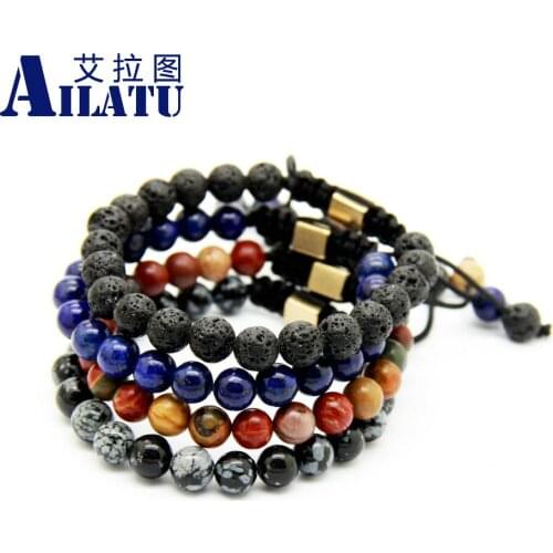 Ailatu Retail 8mm Snowflake Obsidian, Lapis Lazuli, Picasso , Lava Stone Beads Macrame Cotton Bracelets