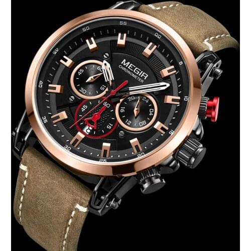 Fashion Brand Megir Mens Watch Chronograph Quartz Watches Man Leather Strap Clock Sport Army Date Wristwatch Relogios Masculino