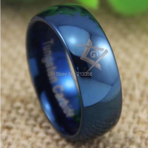 Cheap Price Free Shipping USA UK CANADA RUSSIA Hot Selling 8MM Freemason Shiny Blue Dome Lord Mens Tungsten Wedding Band Ring