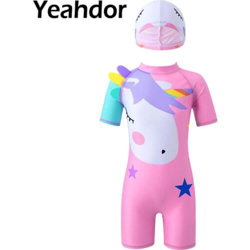 Swimwear for Kids Girls One Piece Swimsuit with Hat Short Sleeve Round Neckline Zipper Back Cute Cartoon Print Surfing Swim Wear
