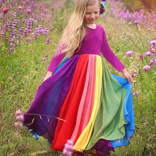 New Girls Rainbow Mesh Long Dresses Kids Spring Long Sleeve Dress Cute Party Princess Pleated Dress Children Streetwear Vestido