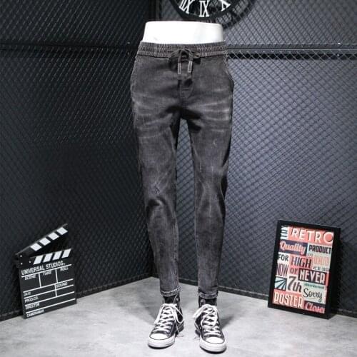 Autumn Lace Up Elastic Waist Denim Pants Men Vintage Grey Slim Fit Full Length Casual Harem Pants Mens Straight Pencil Jeans