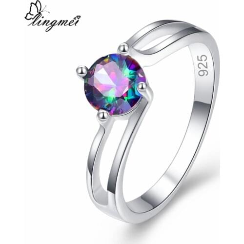 Lingmei Exquisite Gorgeous Cocktail Round Multicolor Blue Zircon Silver Color Solitaire Ring Size 6-9 Fashion Women Rings