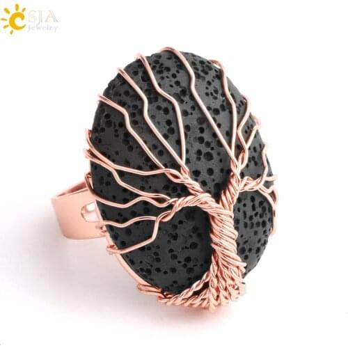 CSJA Rose Gold Color Wire Wrapped Life Tree Finger Ring for Women Men Egg Shaped Lava Stone Adjustable Rings Charms Jewelry G065