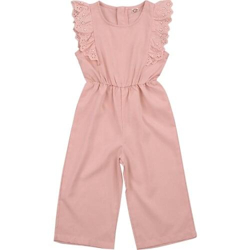 3-7Years Summer Girls Jumpsuit Toddlers Sweet Style Solid Color Lace Edge Fly Sleeve Round Collar Siamese Trousers