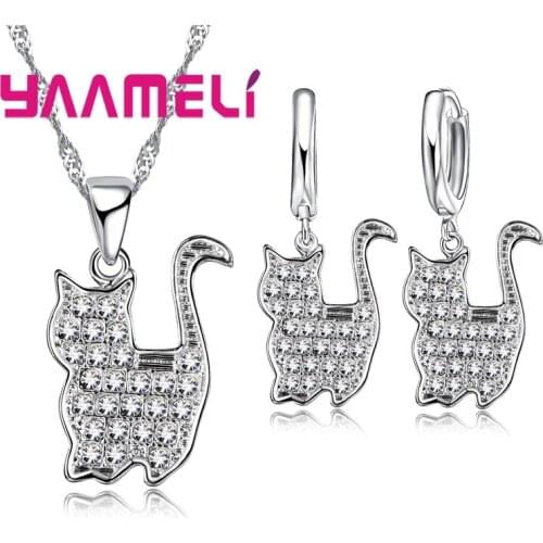 Lovely Cute Persian Cat Pendants 925 Sterling Silver Jewelry Sets Sparkling Cubic Zircon Necklace Earrings For Women Girls Gift