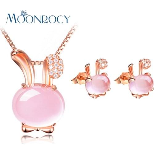 MOONROCY Drop Shipping Rose Gold Color Cute Rubbit Crystal Ross Quartz Pink Opal Necklace and Earrings Jewelry Set for Women