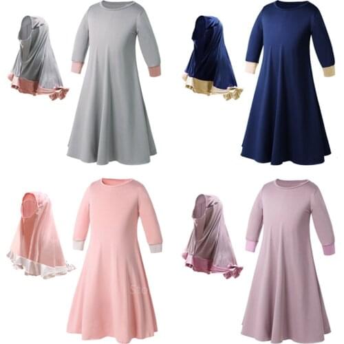 Muslim Traditional Clothing Islamic Robe Kids Baby Girls Richer Saudi Arab Dubai Solid Abaya Kaftan with Ruffle Bow Hijab Dress