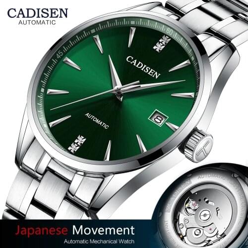 CADISEN Green Watches Men Luxury Stainless Steel Automatic Mechanical Watch Man Top Brand 50m Waterproof Business Wristwatch Men