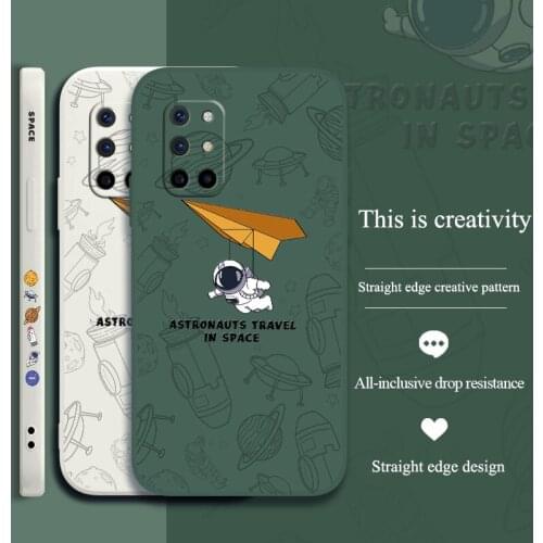 Crescent Astronaut Camera Lens Protection Square Liquid Silicone Case For Oneplus 8t 9 9pro 9r pro Soft Phone Cover Case Funda