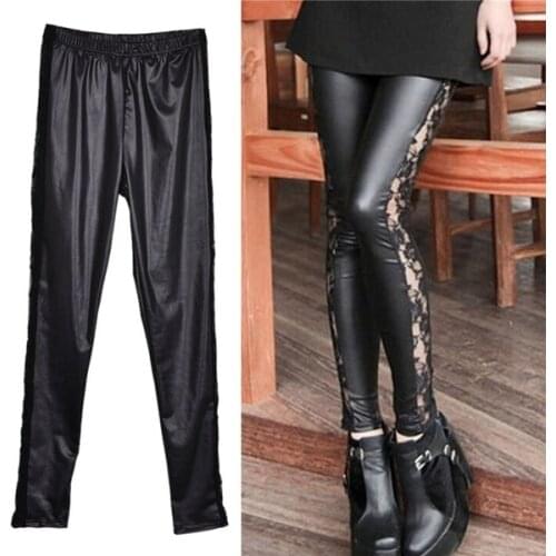 Sexy Women PU Leather Gothic Punk Leggings Pants Lace Skinny Trousers