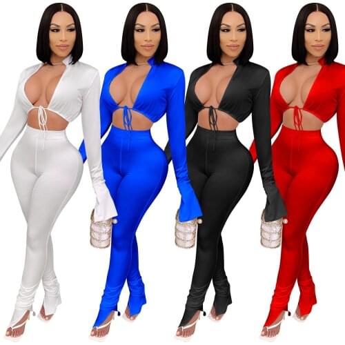 Solid Color 2 Piece Set Woman Flare Long Sleeve Lace Up Crop Top And Stacked Slit pnecli Pants Night Club Party Outfits S-XXL