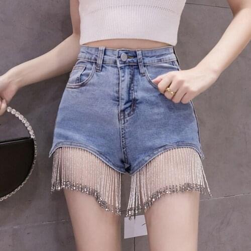Streetwear 2021Summer New Rhinestone Fringed High Waist Denim Shorts Flash Wimens High-end Diamond Tassel Short Jeans Hot Pants