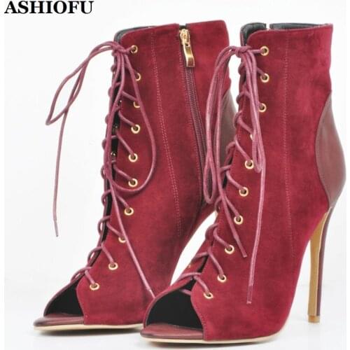 ASHIOFU Wholesale Handmade Ladies High Heel Boots Cross Lace-up Peep-toe Party Ankle Boots Autumn Evening Prom Fashion Boots