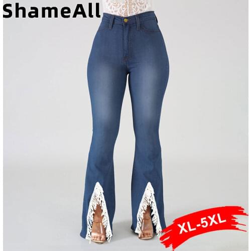 Plus Size Split Tassel Patchwork Hem Flare Jeans 4xl Street Vintage High Waist Push Up Stretchy Skinny Bell Bottoms Denim Pants