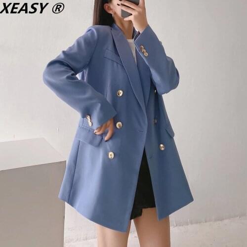 XEASY 2021 Womens Jacket Vintage Blue Blazer Double Breasted Suit Coat Female Outerwear Autumn Office Casual Jacket Blazers