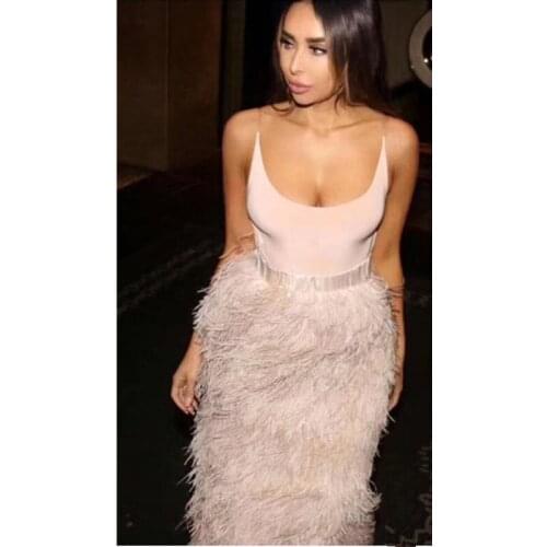 2019 New Trendy Feather Sexy Spaghetti Strap Sleeveless Ladies Celebrity Party Nude Bandage Long Dress