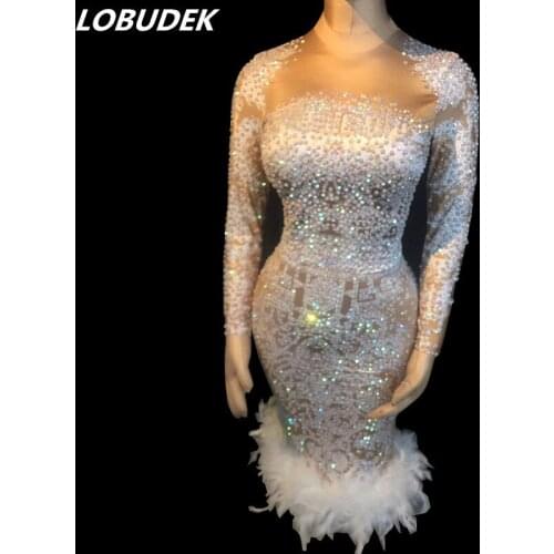 Female Party Show Dresses White Feathers Trailing Rhinestones Dress Women Birthday Celebration Sexy Dress Singer Host Costumes
