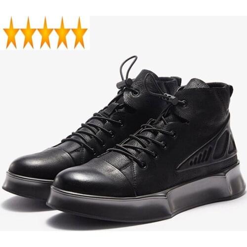 Winter High Top Mens Korean Fleeec Lining Outdoor Casual Lace Up Thick Bootom Round Toe Genuine Leather Male Cowhide Boots