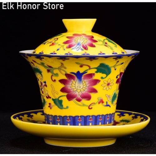 150ml Colored Enamel Sancai Tureen Teacup Handmade Arabesquitic Pattern Tea Tureen Bowl Retro Porcelain Teaware Accessories