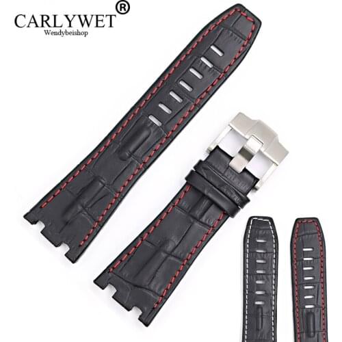 CARLYWET 28mm New High Quality Man Black Real Leather Handmade Thick Wrist Watch Band Strap Belt With Silver Buckle