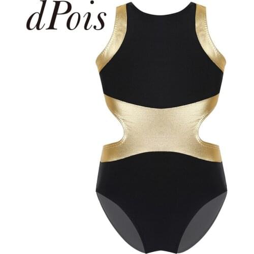 Kids Girls One-piece Tutu Ballet Leotards Sleeveless Metallic Splice Back & Side Waist Cutouts Dance Gymnastic Leotard Jumpsuit