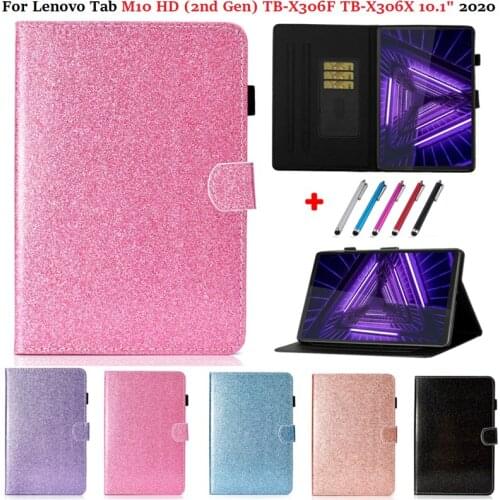 Bling Flip Wallet Card Fold Case For Lenovo Tab M10 HD 2nd Gen TB-X306F X306X 10.1 inch 2020 Tablet Glitter Cover 10.1" + Pen
