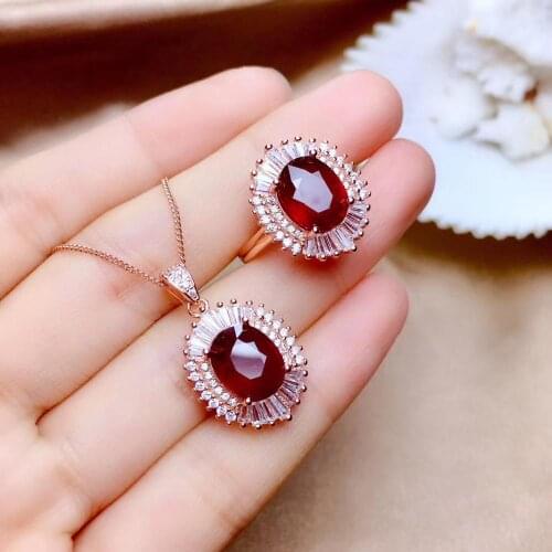 Elegant Birthday Gift New Trendy 100% Natural Real Ruby Set 925 Sterling Silver,1pc Ruby Ring,1pc Ruby Pendant