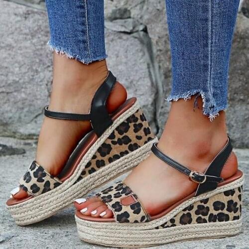 Costaric Womens Sandals 2021 Round-toe Leopard Stripe Platform Sandals Fashion Wedges Shoes Plus Size43 Shoes for Women
