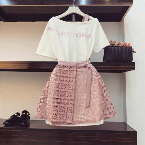 ZAWFL 2021 Summer Women Fashion 2 Piece Suit Slash Collar Off Shoulder Long T Shirt & Hollow Out Lace Skirt Suits Skirts Set