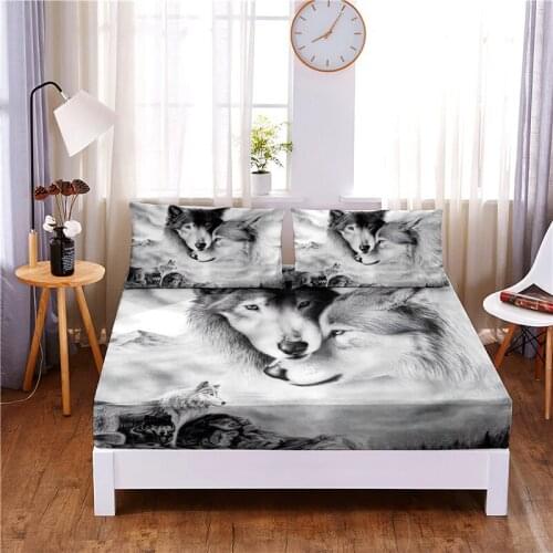 Love Wolf Digital Printed 3pc Polyester Fitted Sheet Mattress Cover Four Corners with Elastic Band Bed Sheet Pillowcases