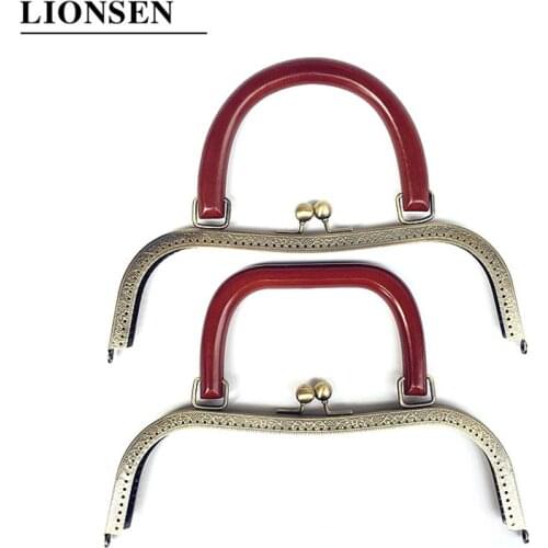 LIONSEN 27cM Wood Handle Metal Purse Frame Clutch Bag Accessories Kiss Clasp Lock Bronze Embossing M-Shaped HandBag Hardware