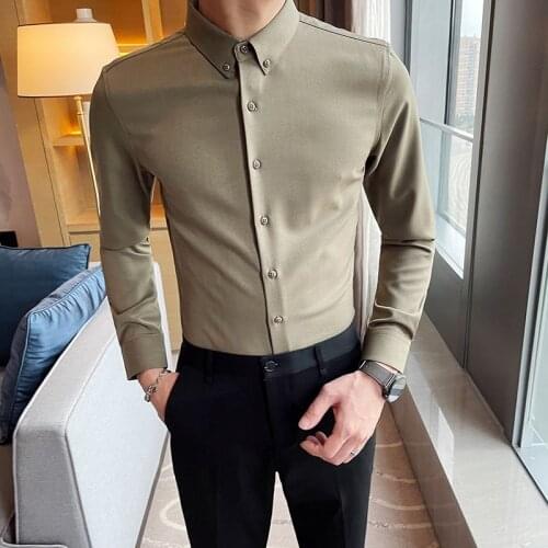 New Arrival Spring 2021 Men Dress Shirts Long Sleeve Simple All Match Business Formal Wear Slim Fit Tuxedo Blouse Homme 5Colors
