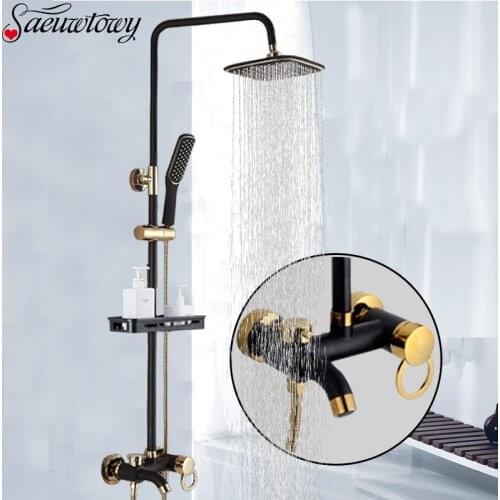 8" Black Golden Wall-Mounted Brass Bathroom Shower Hot Cold Water Crane Switch With Shelves, Rotating Rain Spray, Shower Faucet