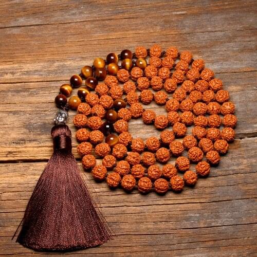 Natural Rudraksha 108 Japamala Necklaces Knotted Tiger Eye Yoga Meditation Buddha Mala Necklace For Women Pendant With Tassel