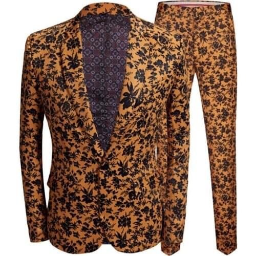 Printed blazers mens suit yellow sobretudo masculino floral emcee nightclub singer costume terno masculino slim fit clothing
