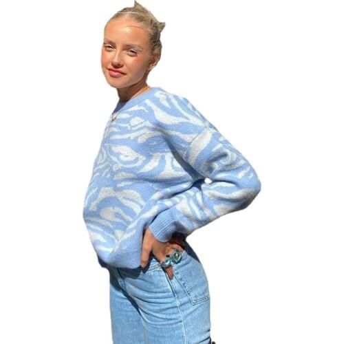 Blue Animal print Casual Sweater Top Autumn Winter O Neck Long Sleeve Oversized Knitted Pullover Y2K Loose Jumper sweater