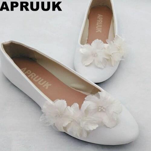 Drop shipping sweet handmade womens flower girl wedding shoes champagne color flat heel plus sizes brides bridesmaid shoes