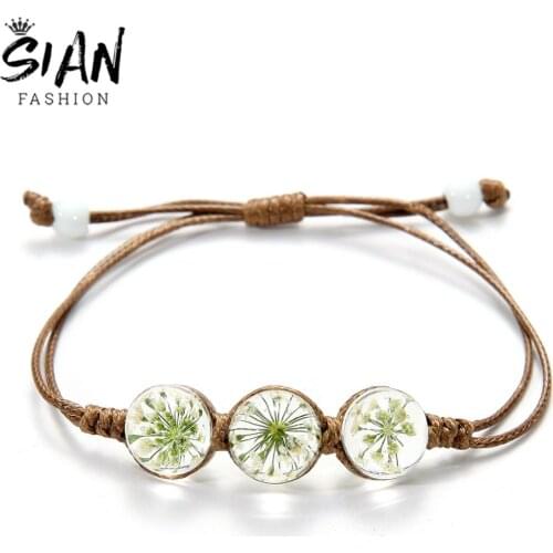 SIAN Brand Boho Glass Ball Bracelet Real Dried Flowers Plant Handmade Weave Adjustable Bracelets for Women Jewelry Summer Style